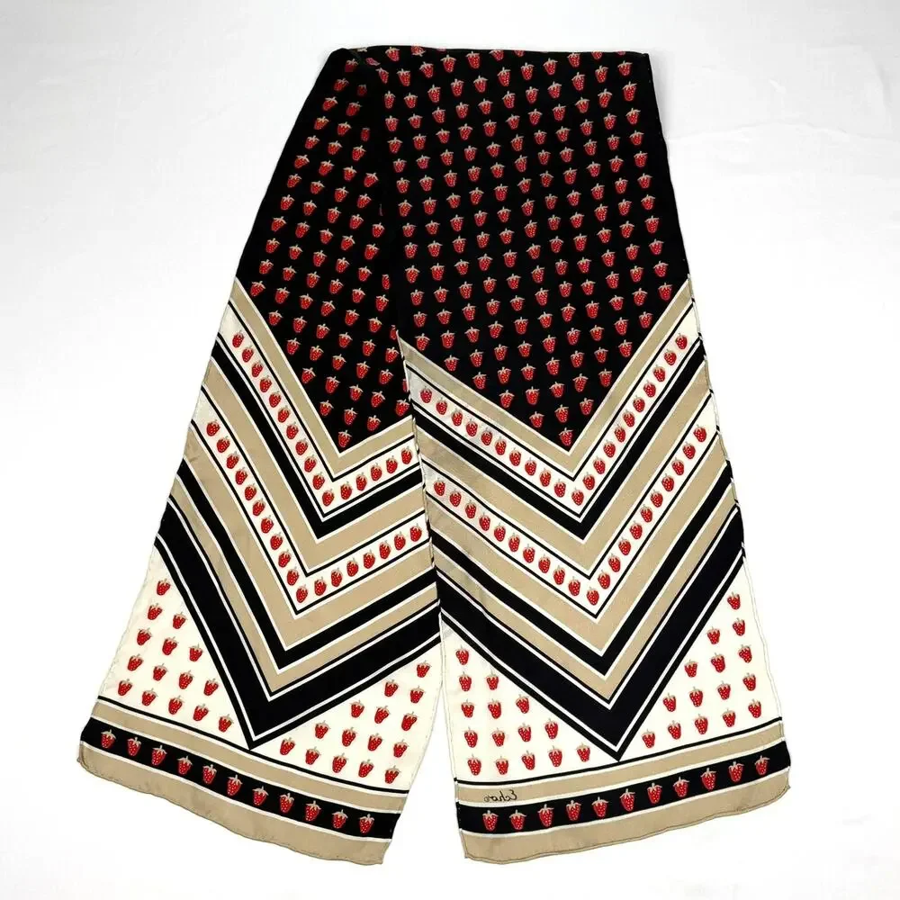 Vintage Echo Silk Scarf Oblong Strawberry Print Red Black Tan 1990s